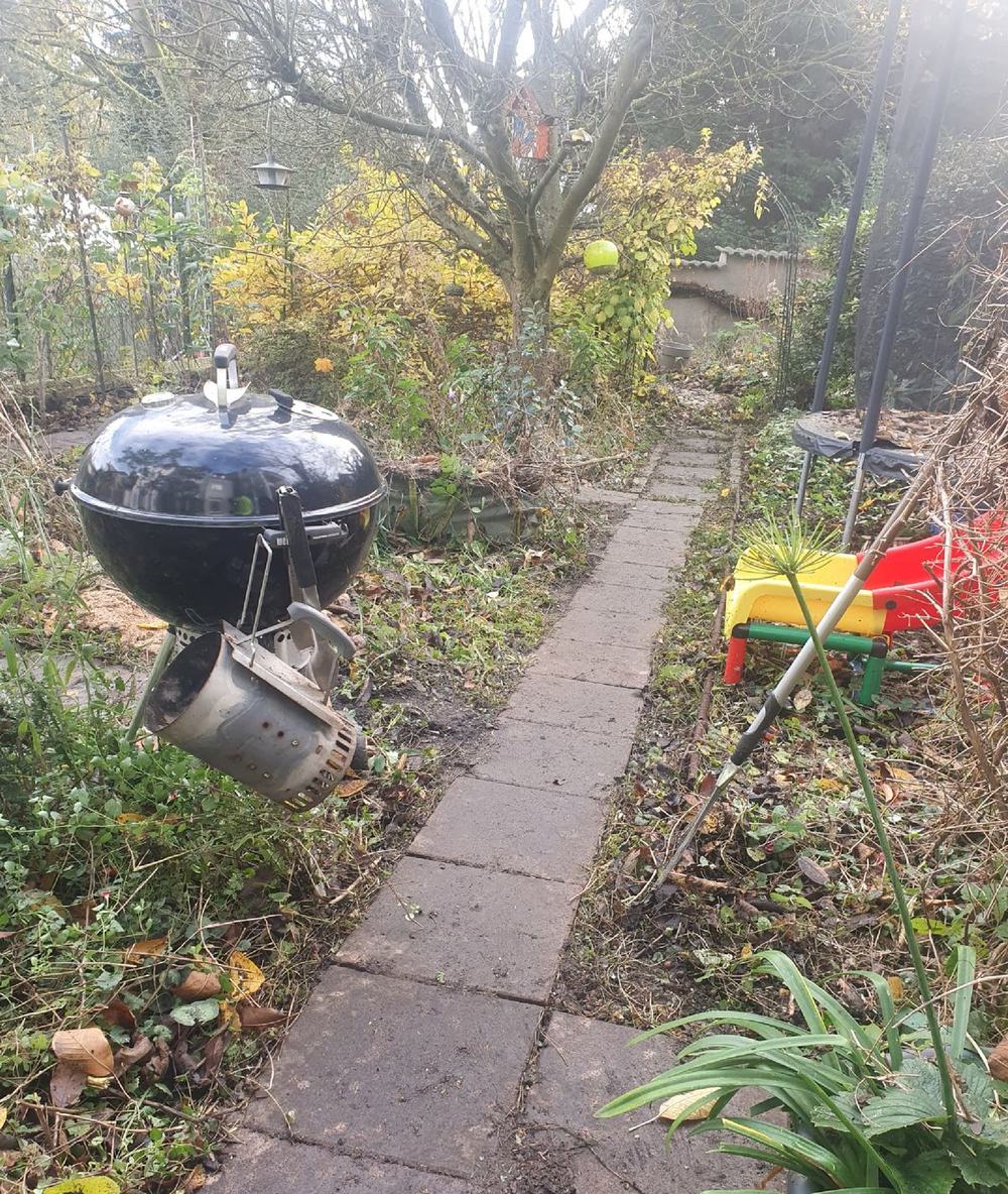 Derselbe Garten nach der Grünflächenpflege, Weg wieder frei